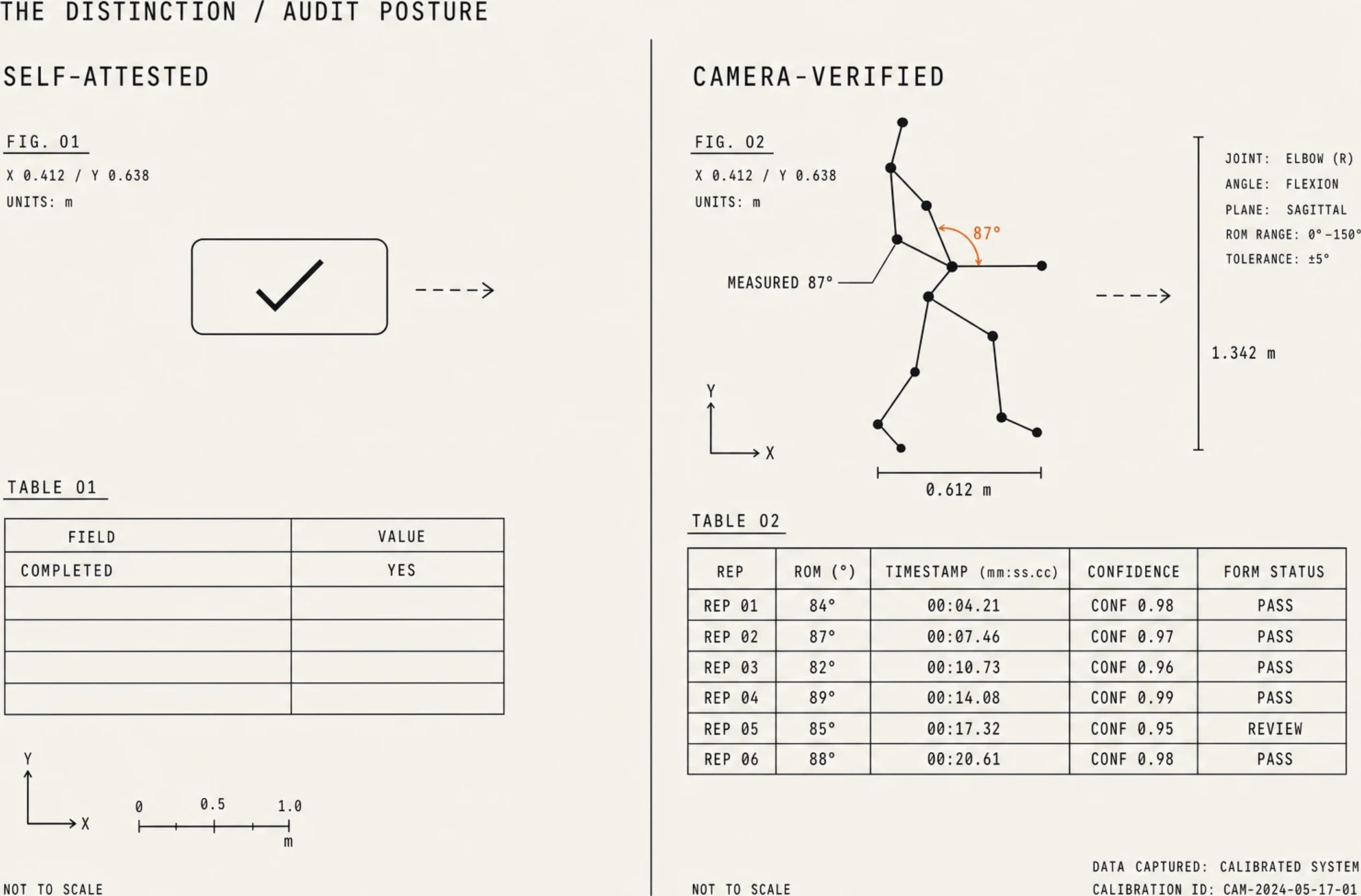 Comparison of a self-attested completion, which produces a single-row record, against a camera-verified session, which produces per-rep range of motion, timestamps, confidence values, and form status.