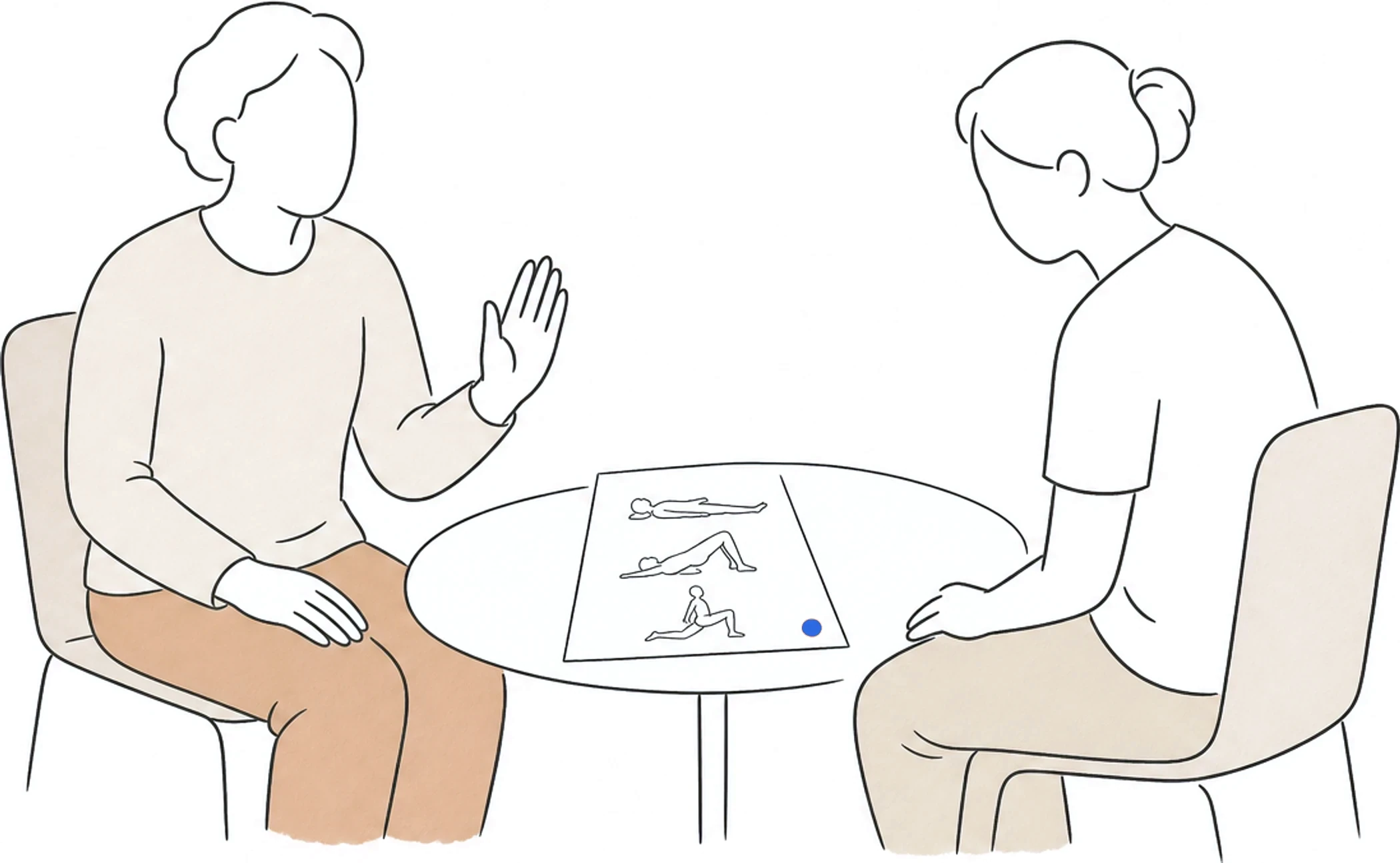 A patient reassuring their therapist across a small table while the therapist glances at the home-exercise sheet with quiet doubt.