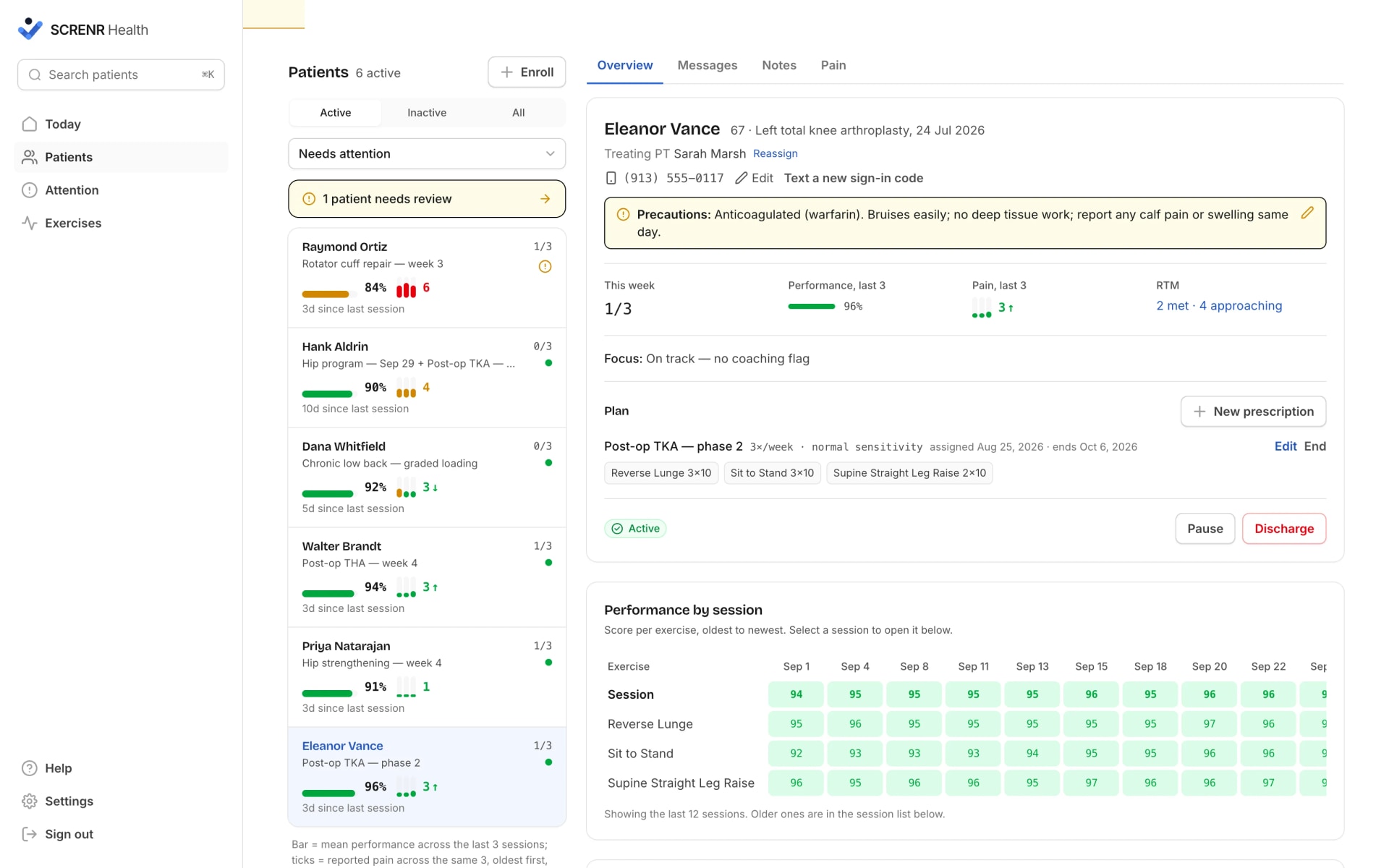 A patient record in the portal: the caseload on the left; on the right the patient's diagnosis, treating therapist, precautions, this week's sessions, performance and pain over the last three, RTM status, the plan, and a grid of scores per exercise per session.