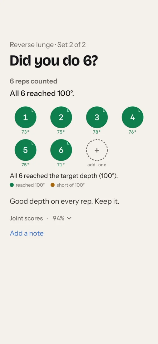 The summary after an exercise: reps counted and one thing to work on